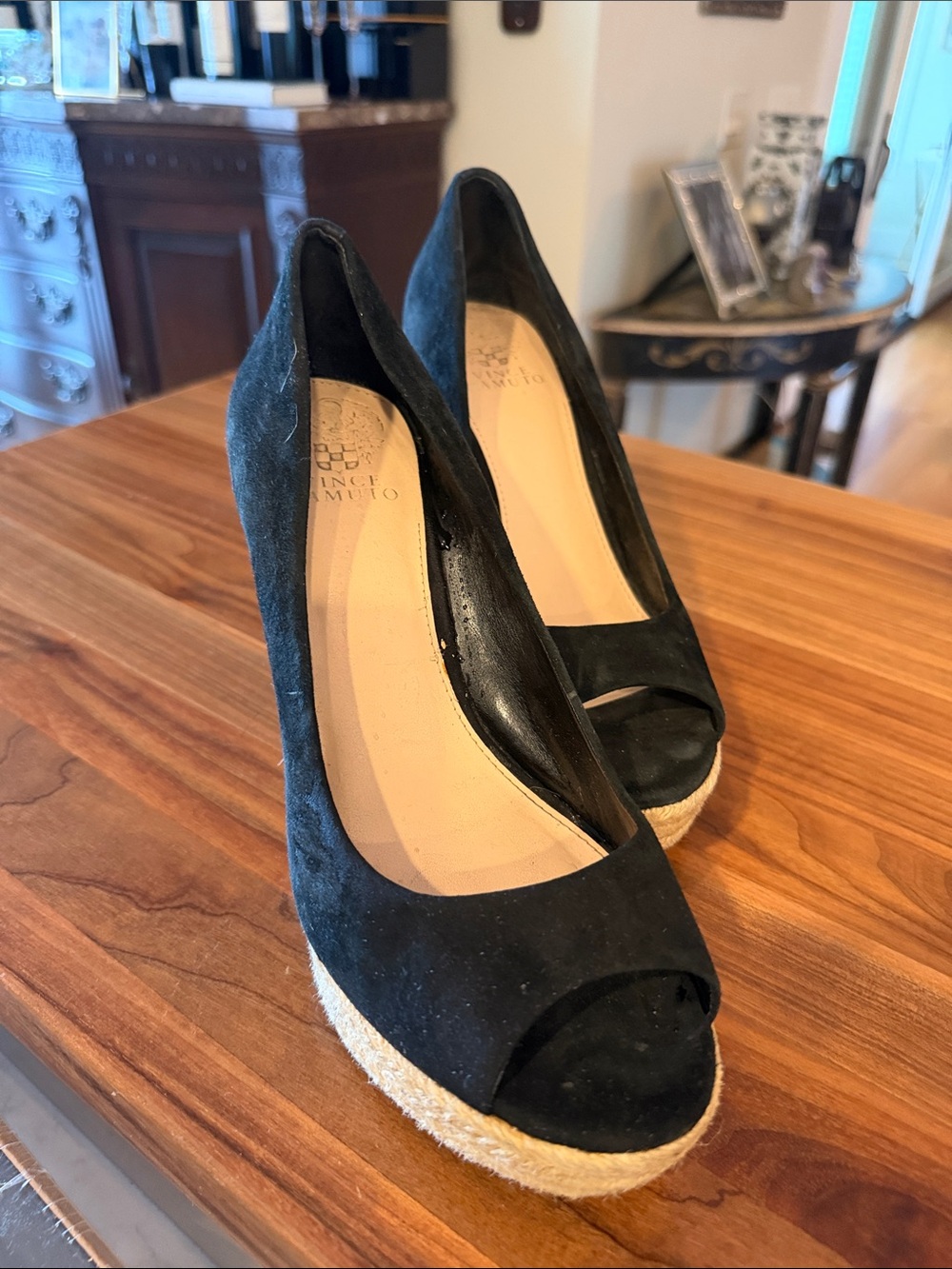 Vince Camuto Black Suede Peep-Toe Espadrille Wedges
